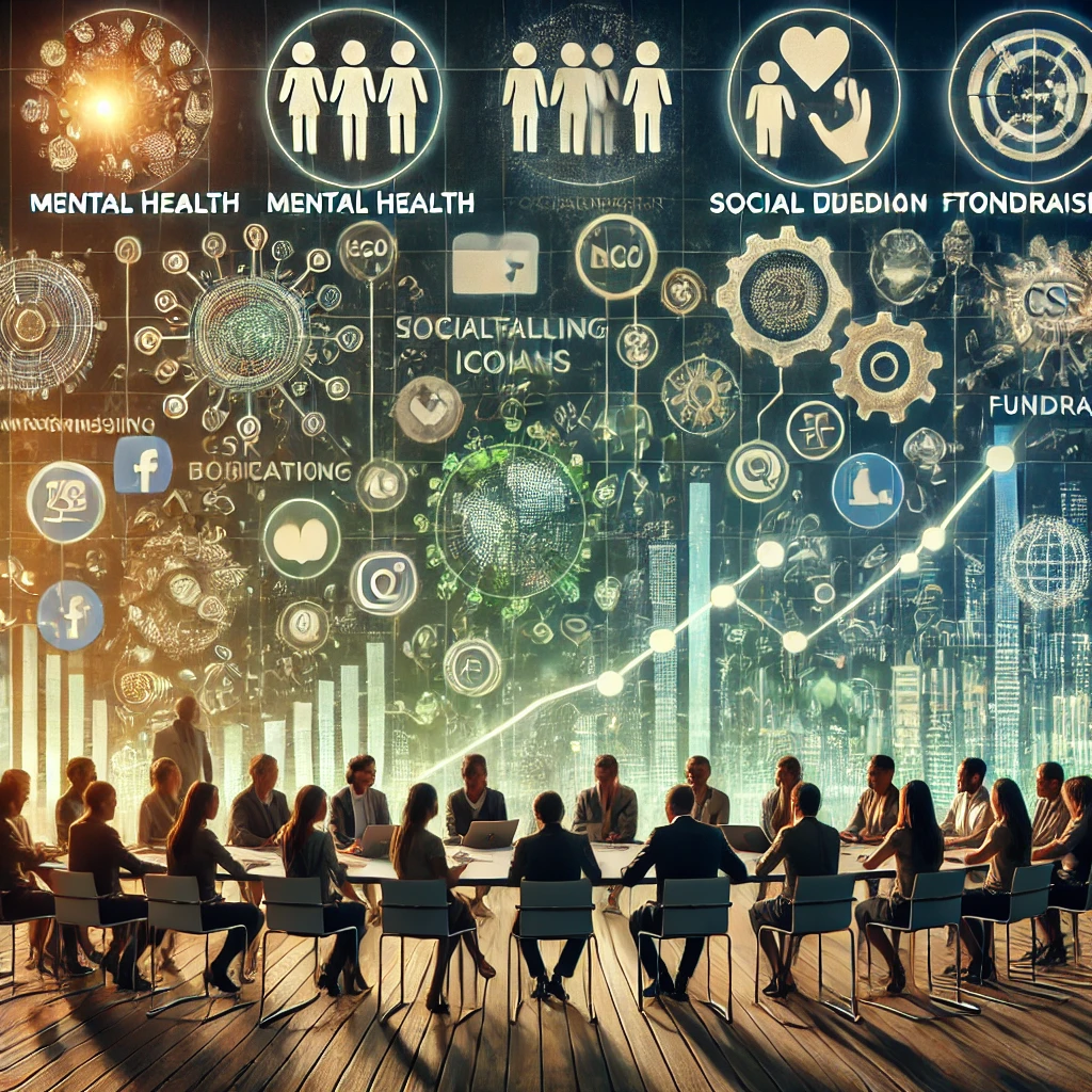 Diverse professionals from NGOs, CSR teams, and social enterprises gather around a digital screen showing social media icons, fundraising graphs, and campaign visuals, symbolizing digital marketing for social impact.