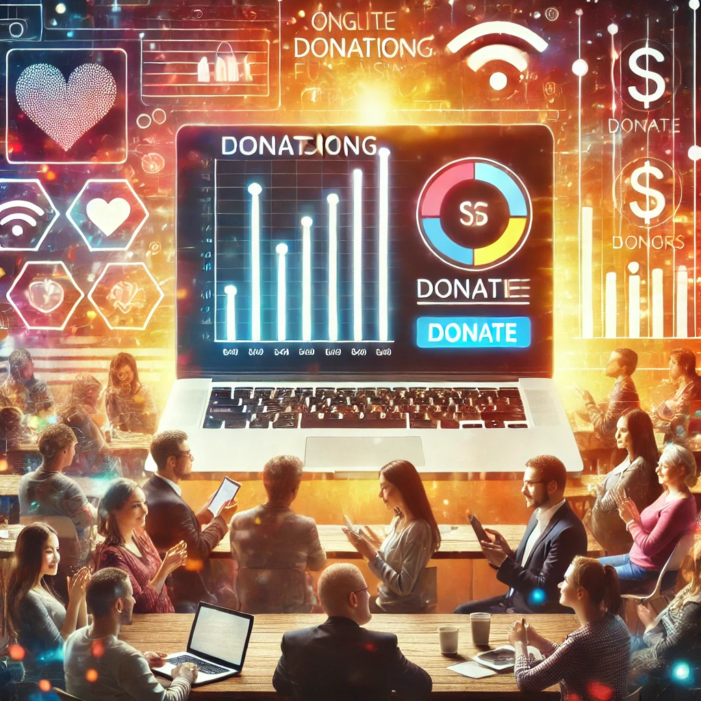 A laptop and smartphone displaying a donation interface surrounded by diverse people engaging with digital fundraising—donating, sharing, and supporting causes online, with digital icons and a hopeful glow in the background.