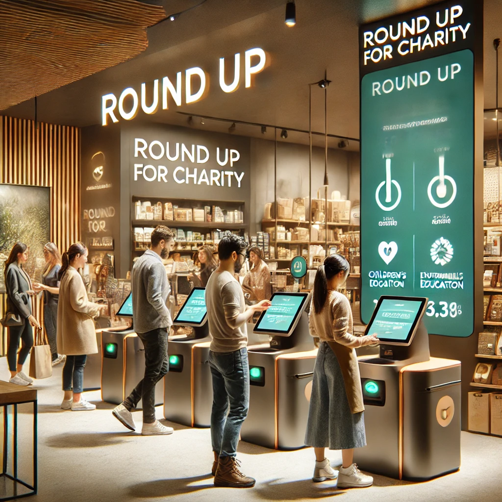 A modern retail store where customers donate at checkout counters and touchscreen kiosks, with a visible "Round Up for Charity" sign and a digital display showing donation progress for children's education and environmental causes.