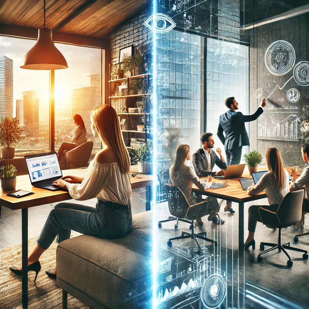 Split-screen showing a person working remotely from a cozy home setup and a team collaborating in a sleek office. Represents the hybrid work model as a balanced, productive solution.
