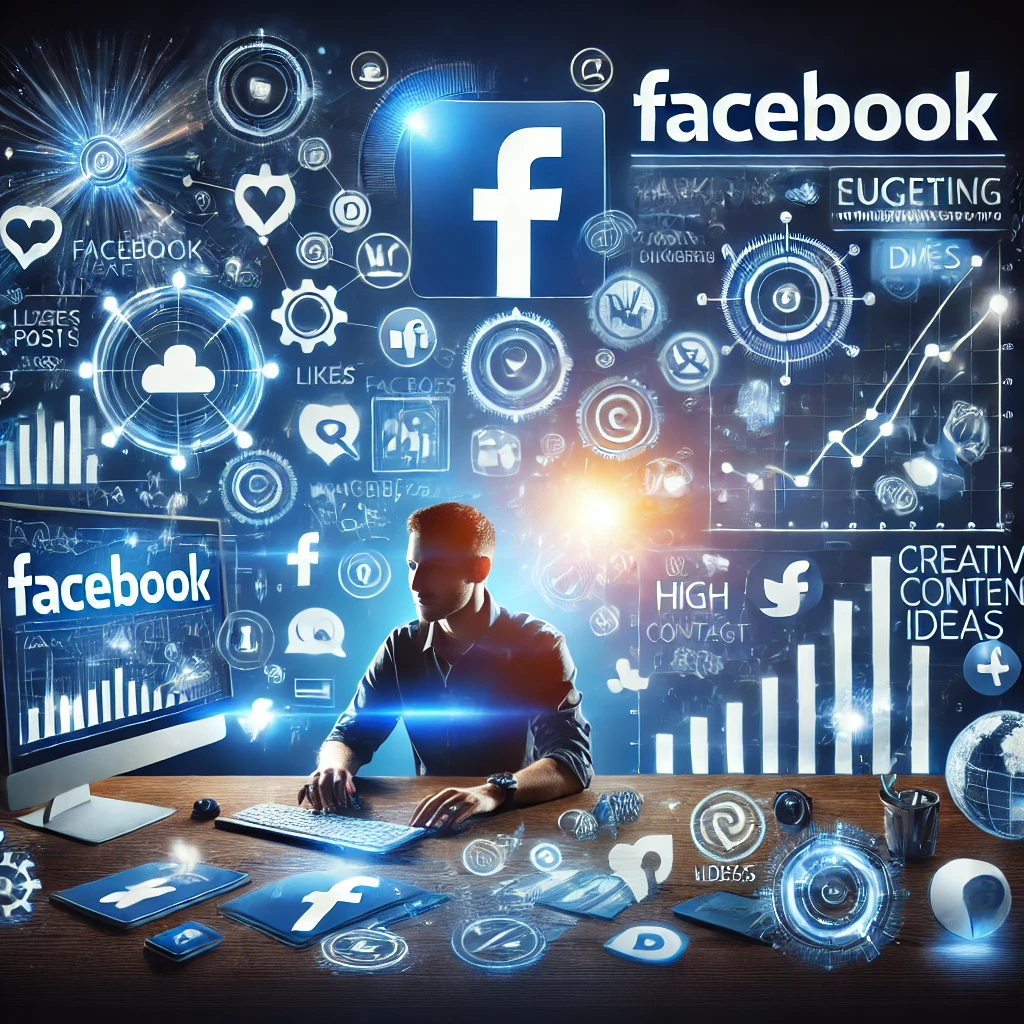 A digital marketer at a desk surrounded by Facebook icons, engagement metrics, and creative content elements, symbolizing a successful Facebook marketing strategy.