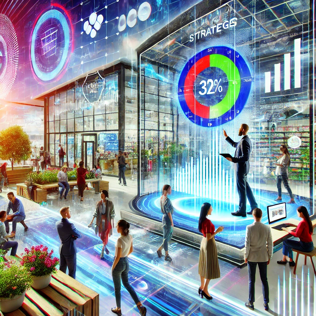 A futuristic retail store with interactive digital screens, AI dashboards, and diverse shoppers using augmented reality to explore products. A marketer presents strategy insights on a transparent smartboard.