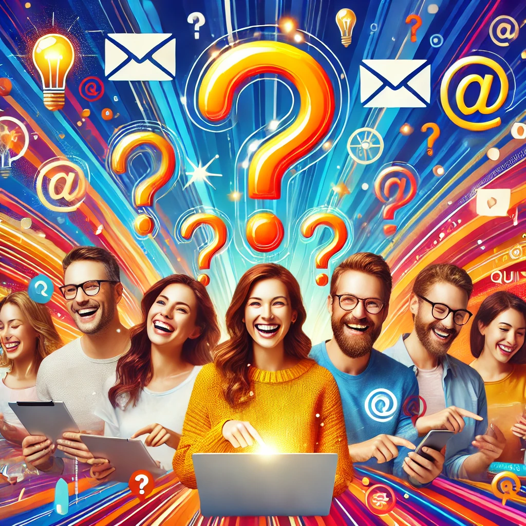 A group of diverse people joyfully participating in an online quiz on laptops and mobile phones, surrounded by colorful icons like email symbols, lightbulbs, and question marks.