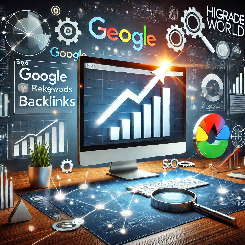 A modern SEO-themed graphic showing a website rising in search engine rankings, with arrows, analytics charts, and icons for keywords and backlinks.