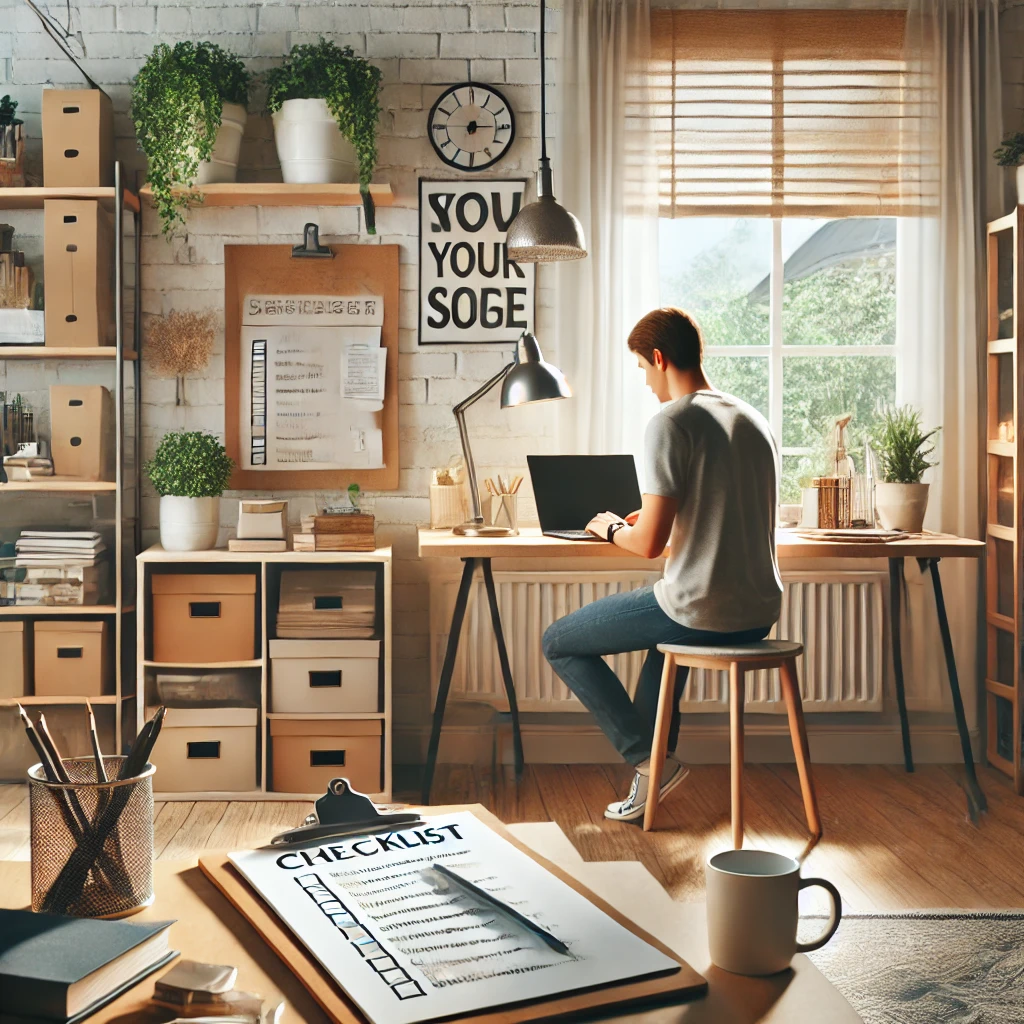 A person working at a laptop in a cozy, well-lit home office, with a visible checklist on a clipboard, surrounded by books, plants, and business tools.