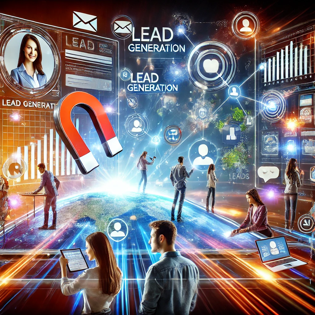 A dynamic team of digital marketers analyzing futuristic dashboards with floating icons representing email, social media, user profiles, and lead magnets, symbolizing modern lead generation strategies.