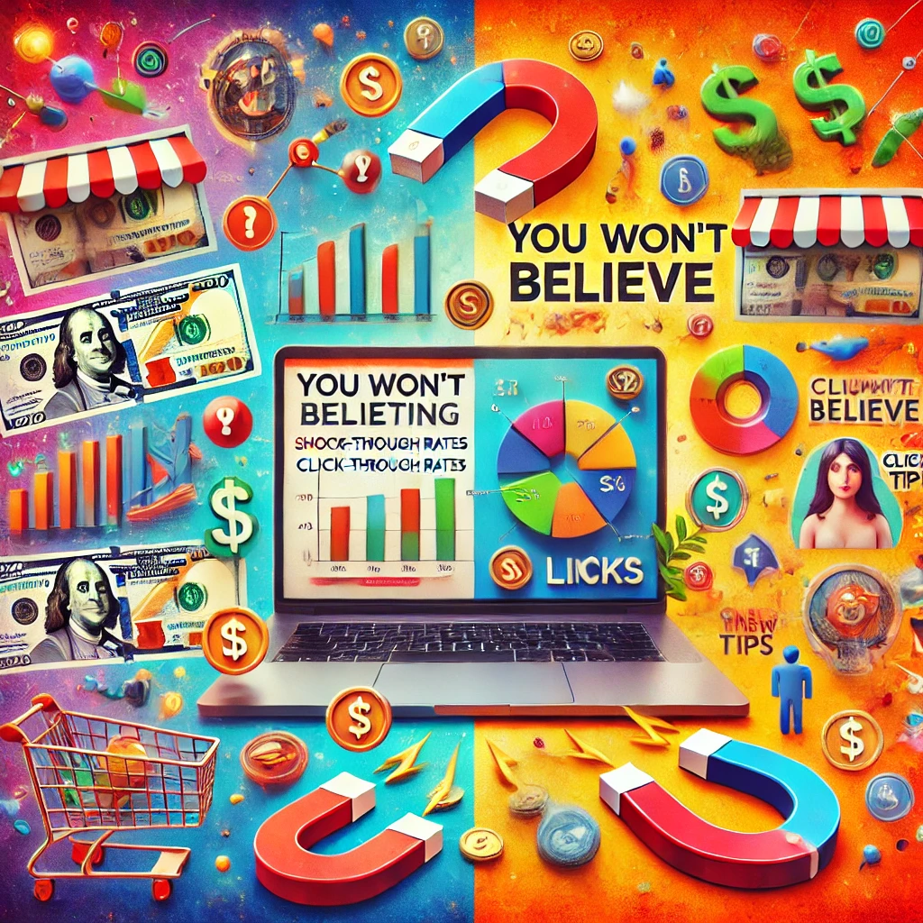 A surreal digital collage showing a laptop with analytics and dollar signs, surrounded by symbols like shopping carts, coins, and curious characters—visually representing the strange but effective world of affiliate marketing.