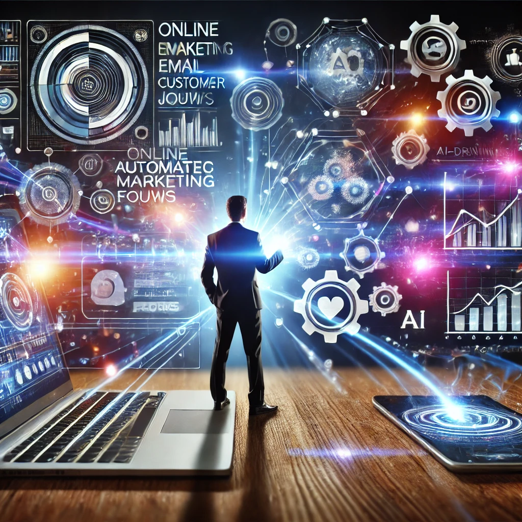 A business professional interacts with a futuristic digital dashboard, surrounded by data streams, automation gears, and AI-driven marketing tools in a glowing, tech-forward environment.
