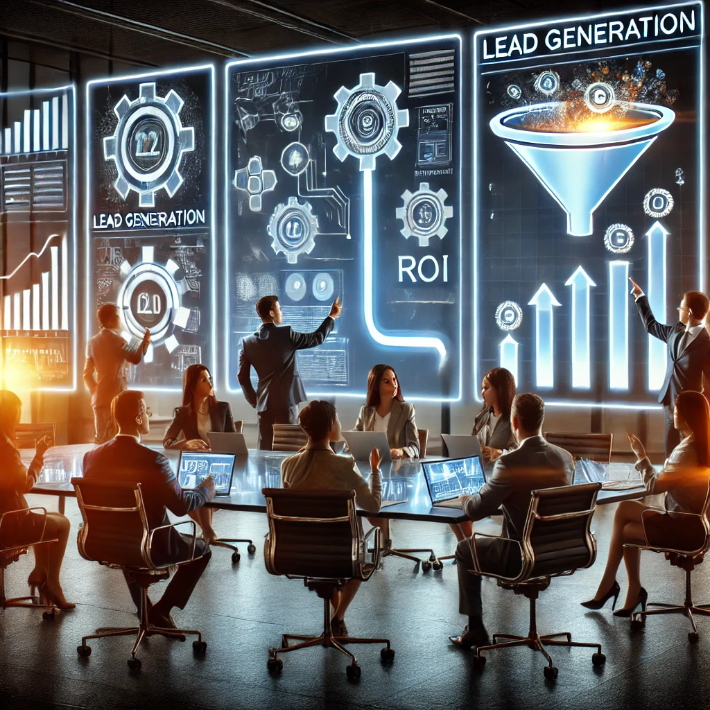 A diverse team of professionals collaborating around digital dashboards in a modern office, analyzing B2B lead generation data with growth charts and a glowing “Lead Generation” icon on the screen.