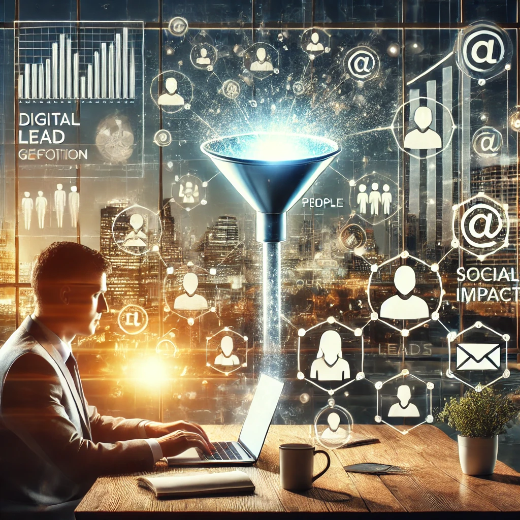 A focused professional sits at a desk using a laptop, surrounded by floating digital icons like emails, profiles, analytics, and a glowing funnel, symbolizing lead generation in a social impact context.