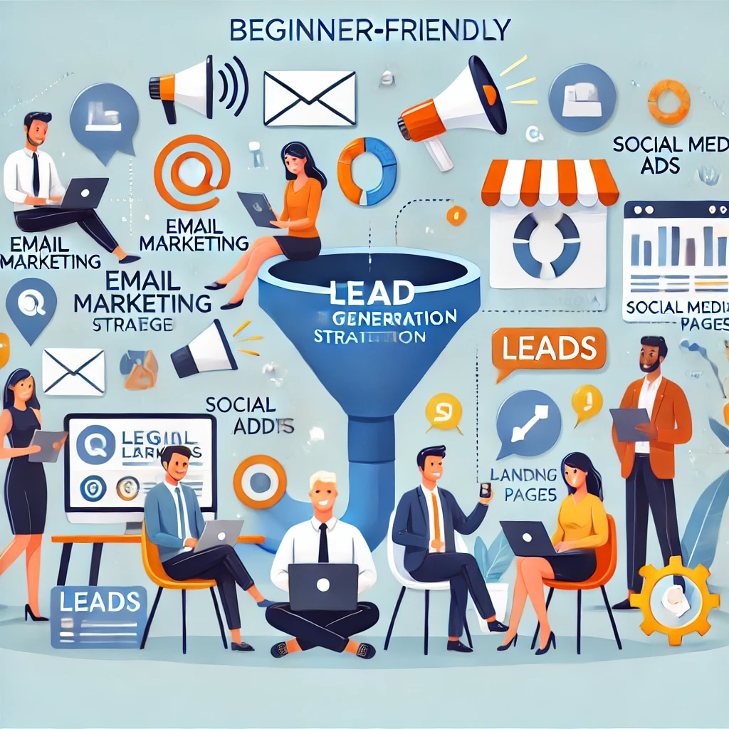 Illustration of diverse professionals using laptops and tablets for digital lead generation, featuring email icons, magnets, funnels, and social media tools in a colorful, approachable style.