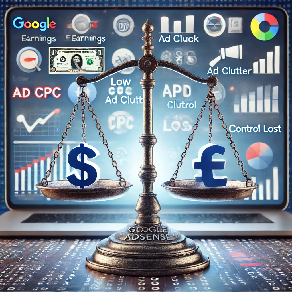 A balanced scale showing the pros and cons of Google AdSense, with earnings on one side and drawbacks like ad clutter and low CPC on the other, set against a digital marketing-themed background.
