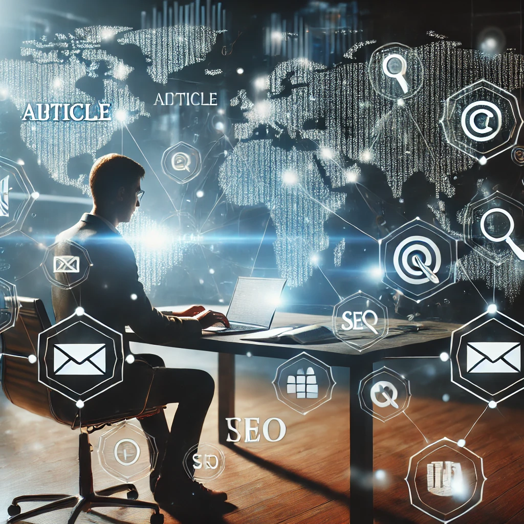 A focused professional creating digital articles on a laptop, surrounded by marketing icons like SEO, email, social media, and analytics, with a glowing world map in the background representing global reach.