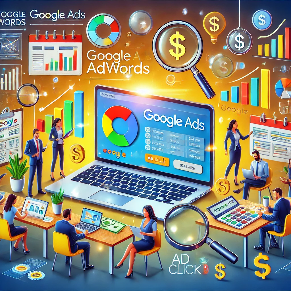 A digital marketing team analyzes a Google AdWords dashboard on a laptop, surrounded by campaign icons and strategy tools in a creative workspace.