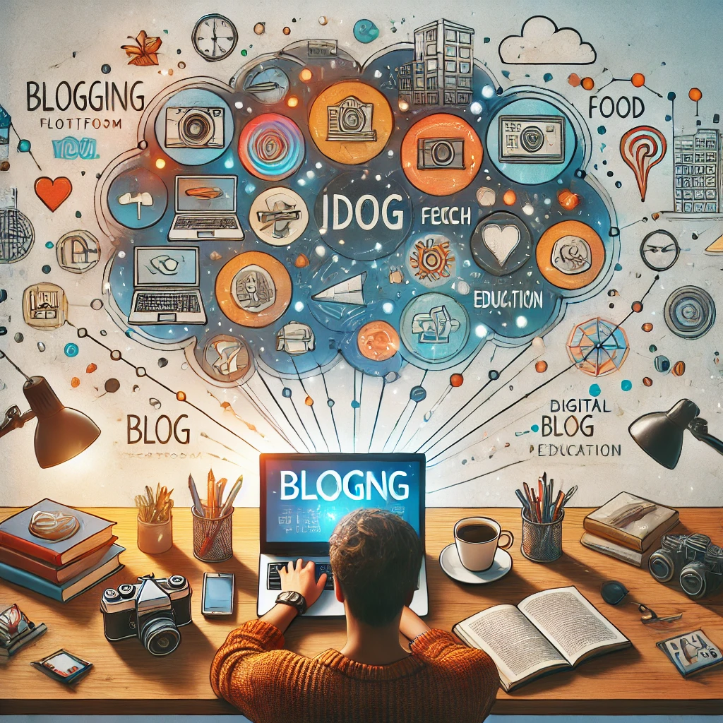 A cozy and creative workspace with a laptop displaying a blog post, surrounded by notes, strategy charts, and coffee, with symbols of nonprofit causes like education, environment, and wellness in the background.