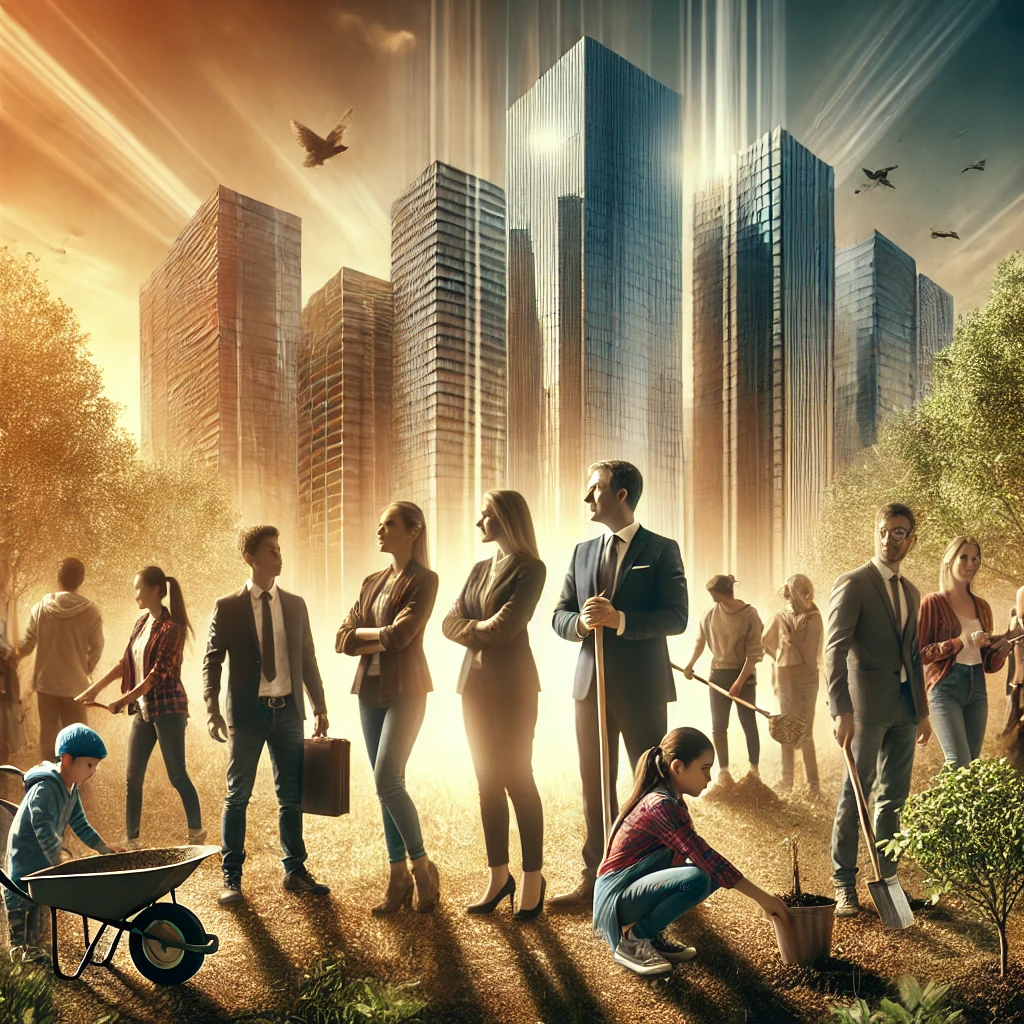 A diverse corporate team working alongside community members, planting trees, donating supplies, and mentoring youth outdoors, with a cityscape blending into nature in the background and warm sunlight illuminating the scene.
