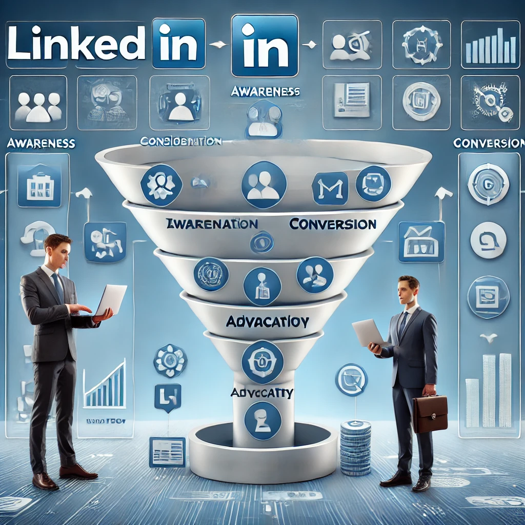 A visually layered LinkedIn marketing funnel with four stages—Awareness, Consideration, Conversion, and Advocacy—featuring professionals interacting with each layer using digital devices. The design includes digital icons and a sleek blue-white theme.