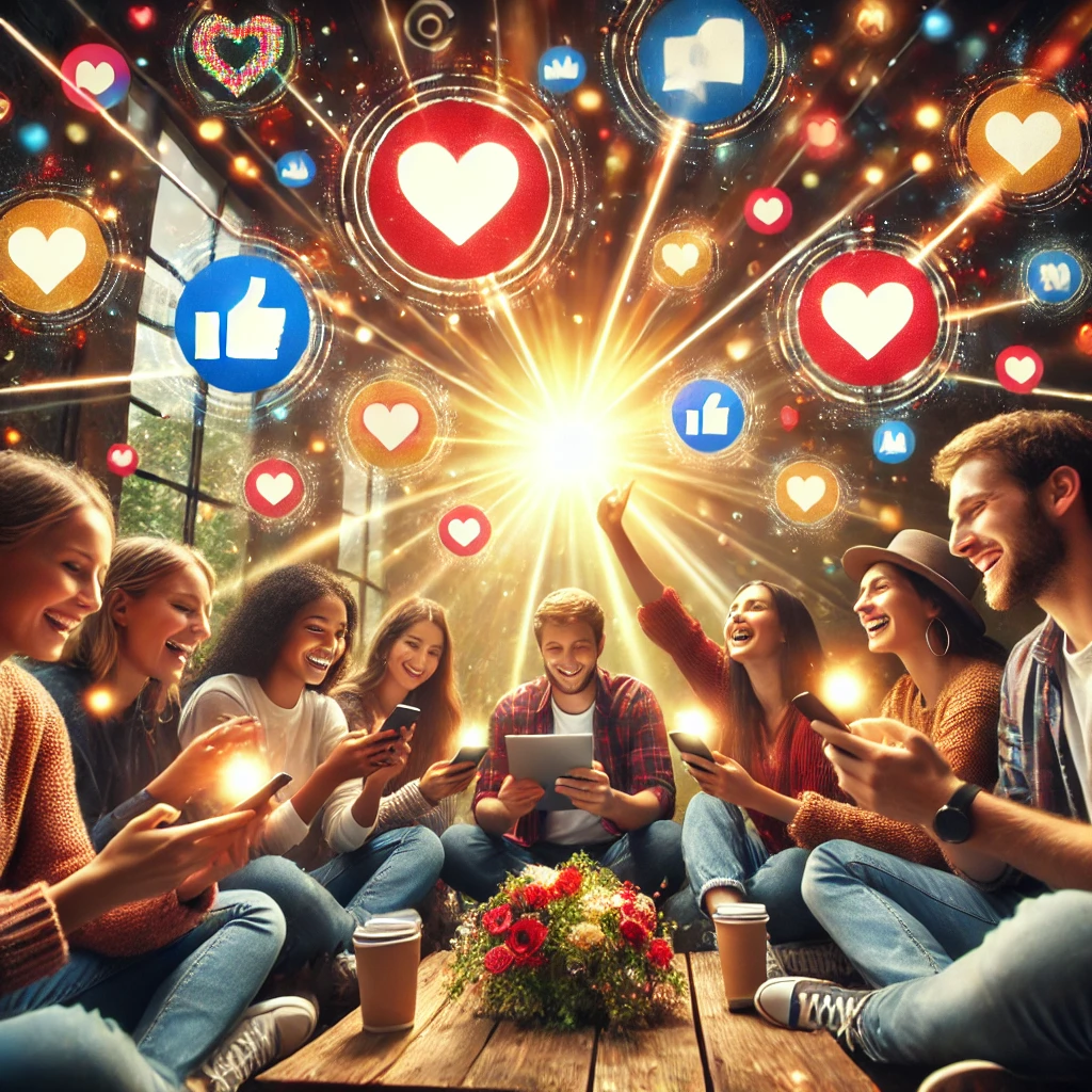 A group of diverse young adults sitting in a circle, smiling and using smartphones and laptops, surrounded by floating digital icons (likes, hearts, messages) in a cozy setting, symbolizing connection through social media.