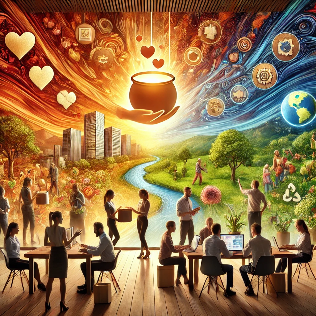 Diverse employees participating in a corporate social responsibility campaign, donating, volunteering, and collaborating, with visual storytelling elements in the background symbolizing community impact, environmental efforts, and authentic employee narratives.