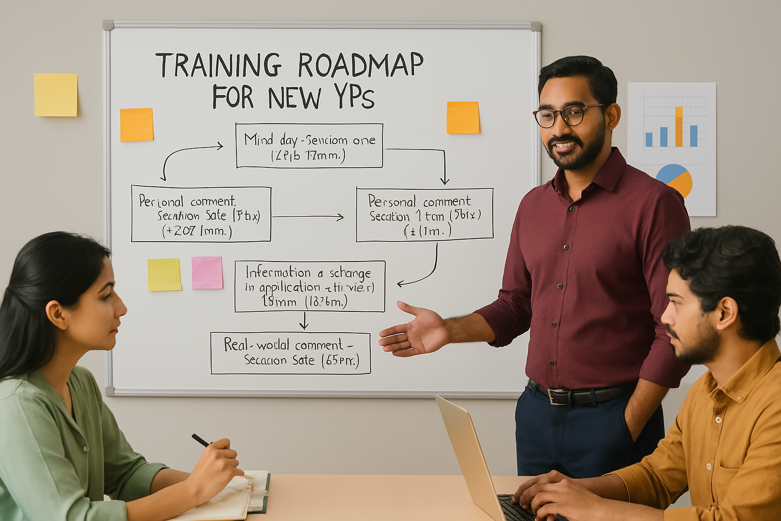 Deb, an Indian man with glasses and a beard, stands in front of a whiteboard explaining a fundraising roadmap to three young professionals in an office setting.