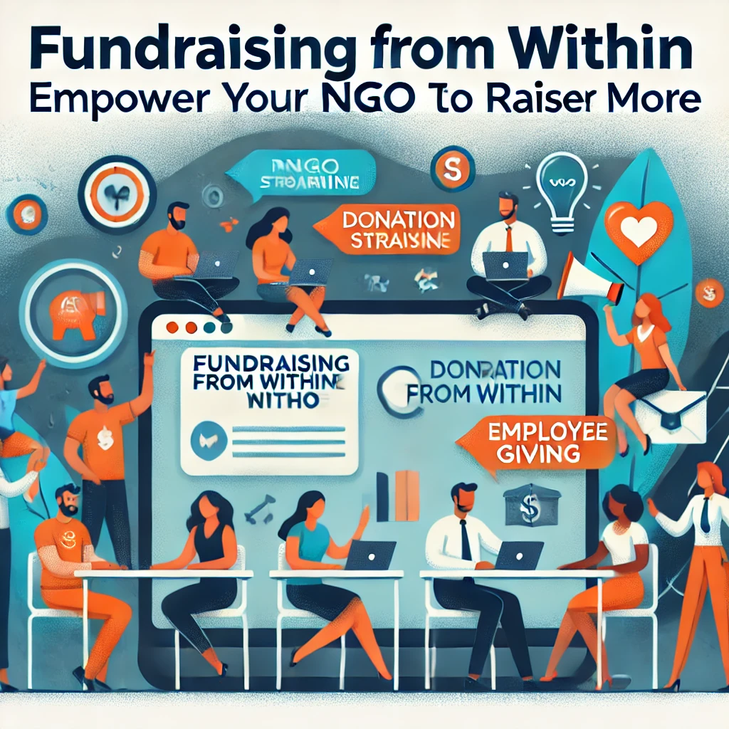 Illustrated NGO team working on fundraising strategies around a digital platform, with icons representing donation, storytelling, and employee giving