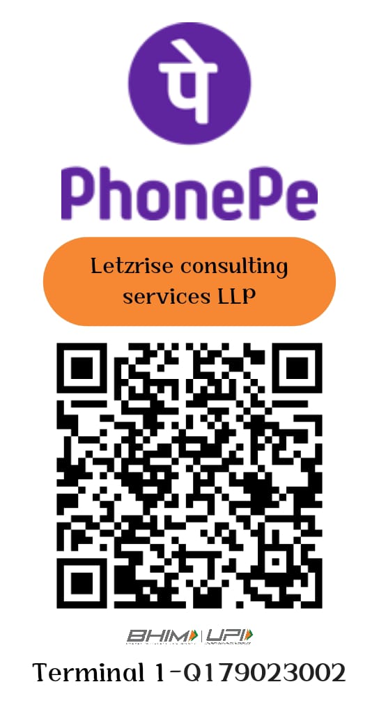 PhonePe QR code for Letzrise Consulting Services LLP, used for course enrollment or donations, with UPI Terminal ID Q179023002