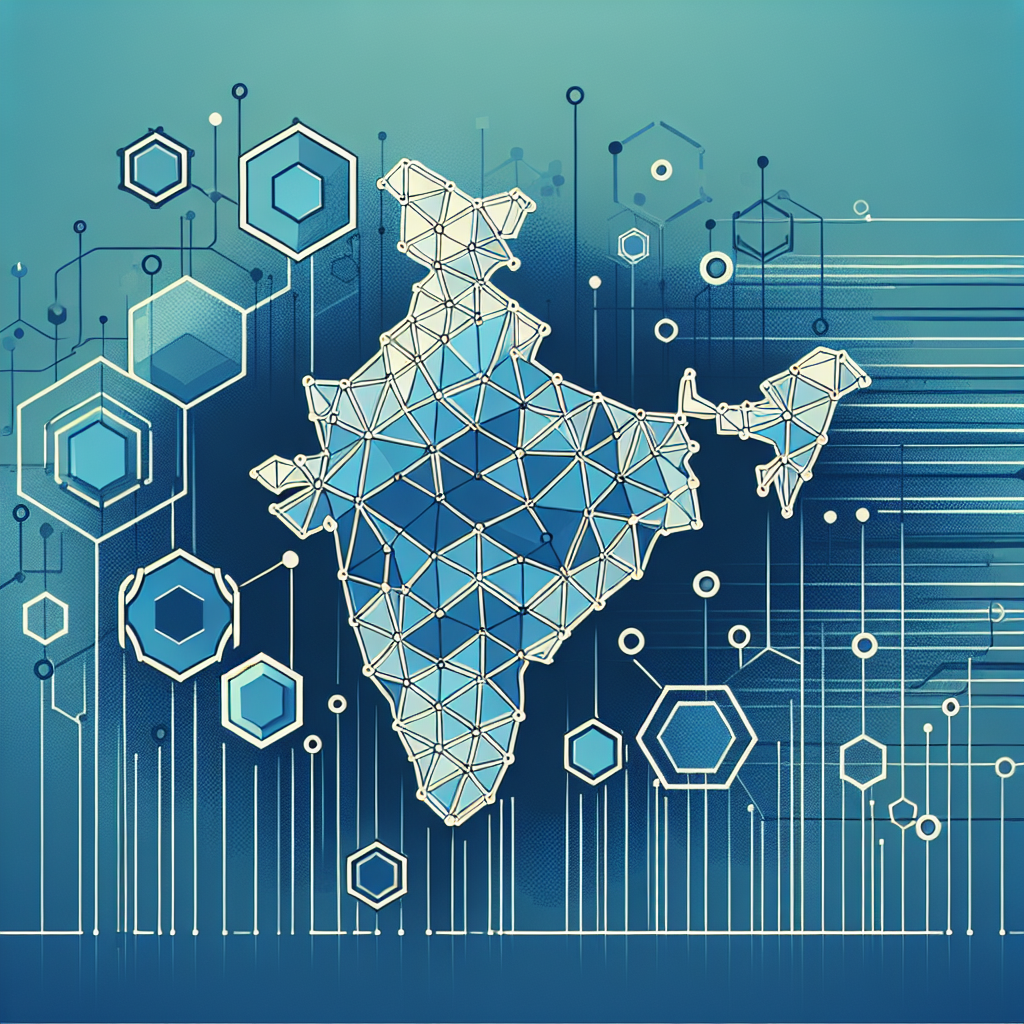 Abstract representation of CSR funding in India, featuring a stylized network of connections and a simplified outline of India on a muted blue background