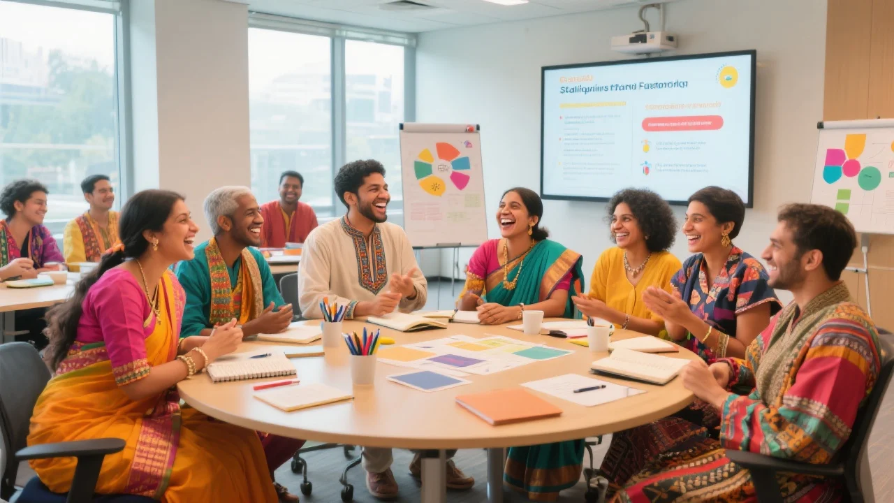 A group of diverse team members in colorful ethnic wear engaged in a lively discussion during a fundraising training session
