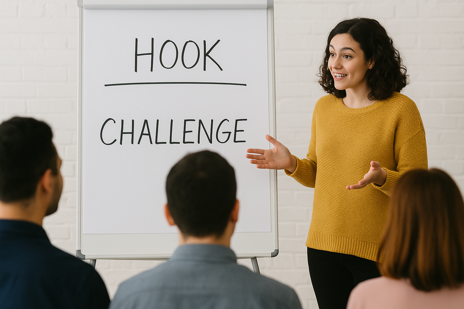 A team member in a yellow sweater explains storytelling concepts to a seated group, standing beside a flipchart that displays the words 'HOOK' and 'CHALLENGE' during a leadership training session
