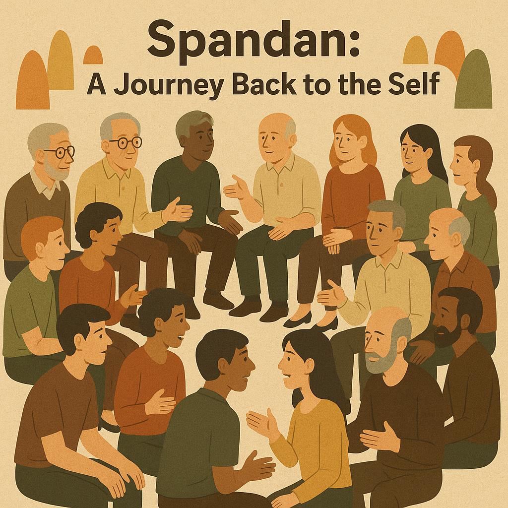 Illustration of diverse people sitting in a circle, engaging in deep conversation and reflection, symbolizing Spandan: A Journey Back to the Self.