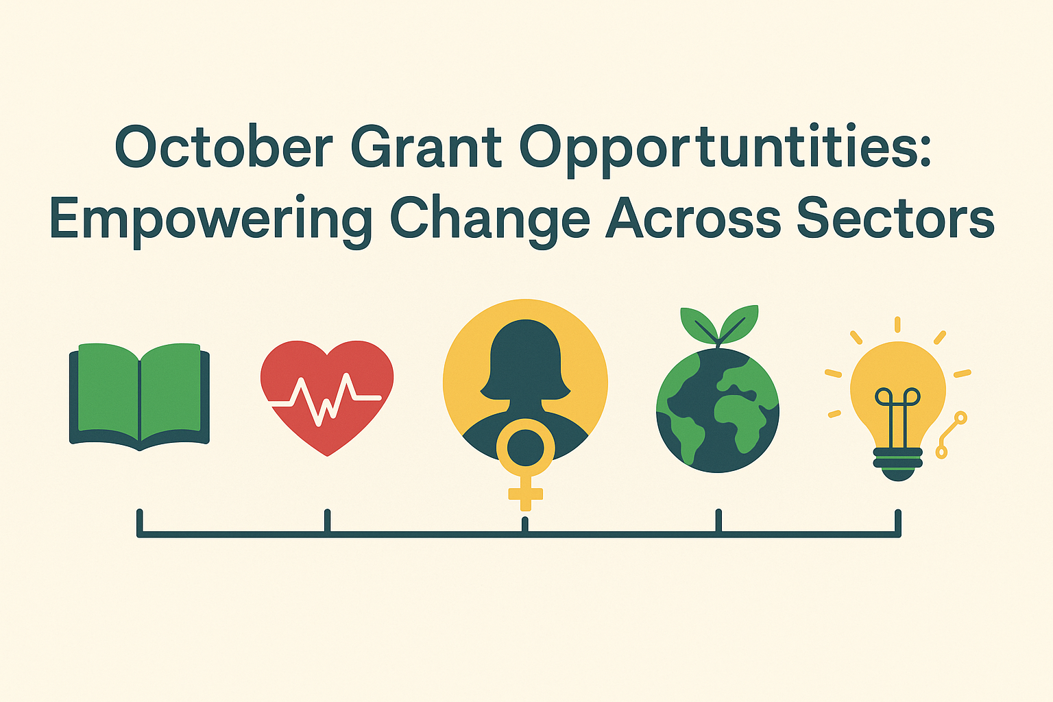 Flat-style graphic showing icons for education, health, gender empowerment, environment, and innovation under the heading 'October Grant Opportunities: Empowering Change Across Sectors'."