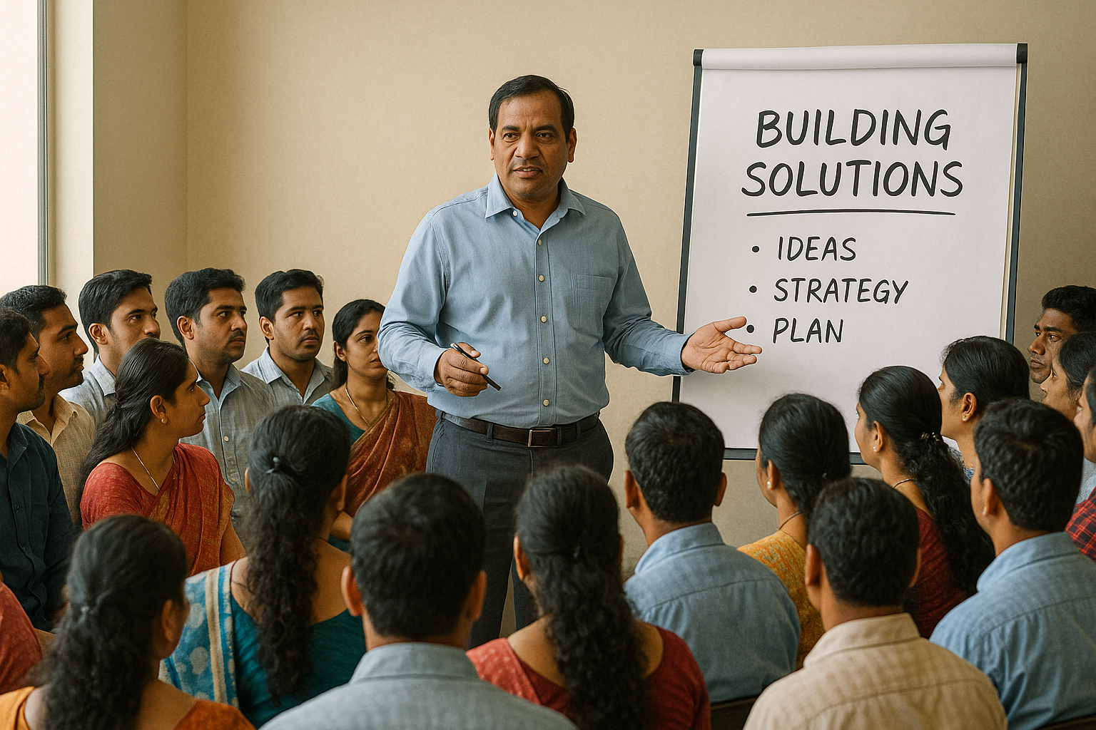 A diverse group of changemakers collaborating in a workshop, brainstorming and designing solutions on a whiteboard with a lightbulb and growth icons.