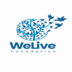 WeLive Foundation logo featuring a blue circular tree with leaves transforming into flying birds, symbolizing growth and freedom.