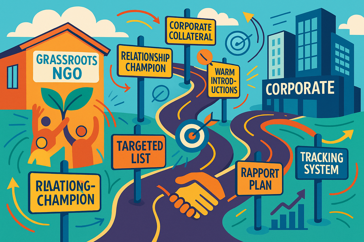 An illustrated roadmap showing the journey of community NGOs connecting with corporate CSR partners, featuring key steps such as relationship-building, effective pitching, and partnership growth.