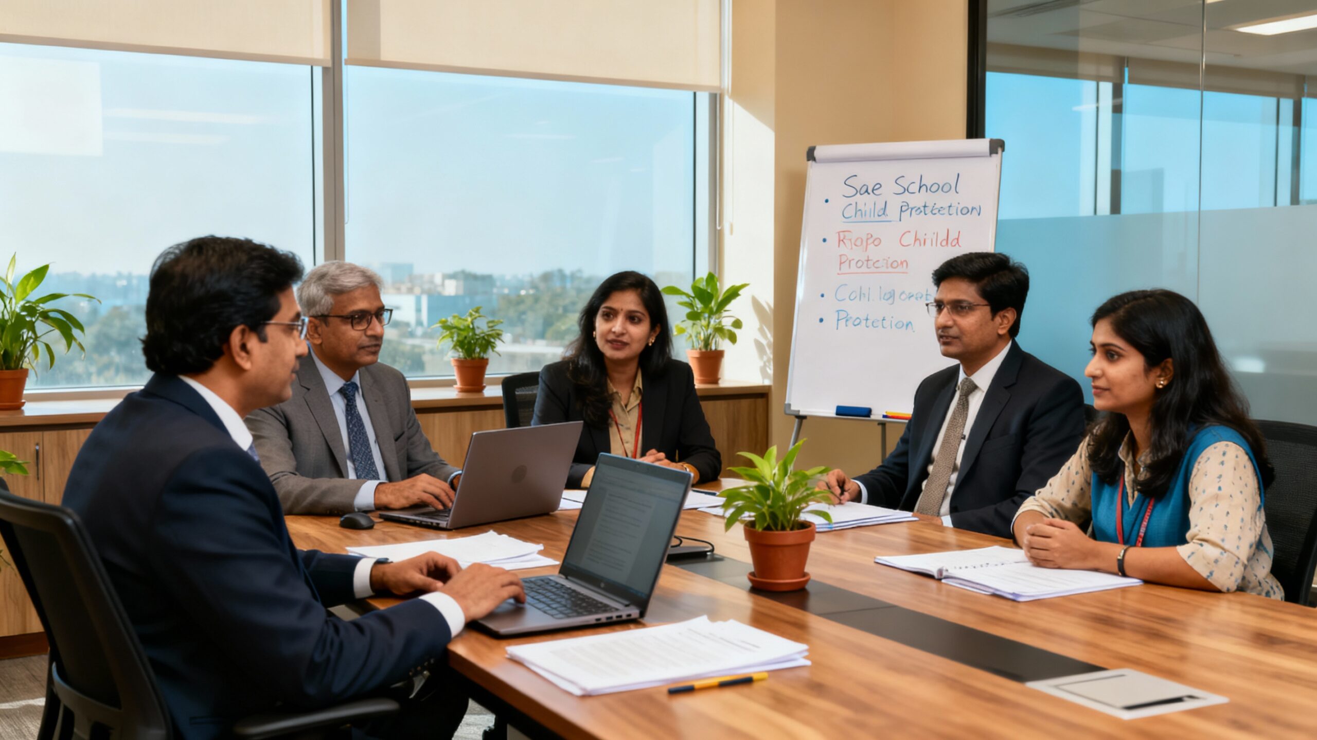 A group of Indian CSR professionals and child rights NGO experts sit around a conference table in a modern office, discussing documents and charts while planning safe school and child protection initiatives.