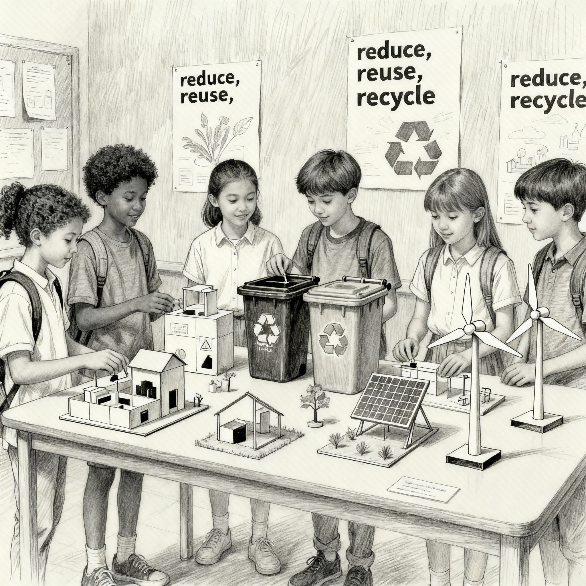 "Sketch-style illustration of a diverse group of children working together at a school exhibition, building waste management prototypes from recycled materials, with bins, solar and wind-powered models, and posters about reducing, reusing, and recycling. The scene captures collaboration and the spirit of sustainable innovation among students."