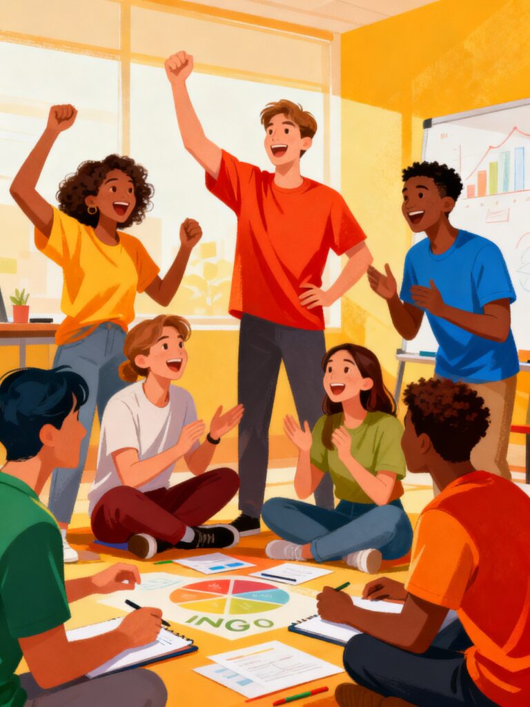 NGO leaders and team members collaborating in training, with vibrant icons representing growth, impact, and change.