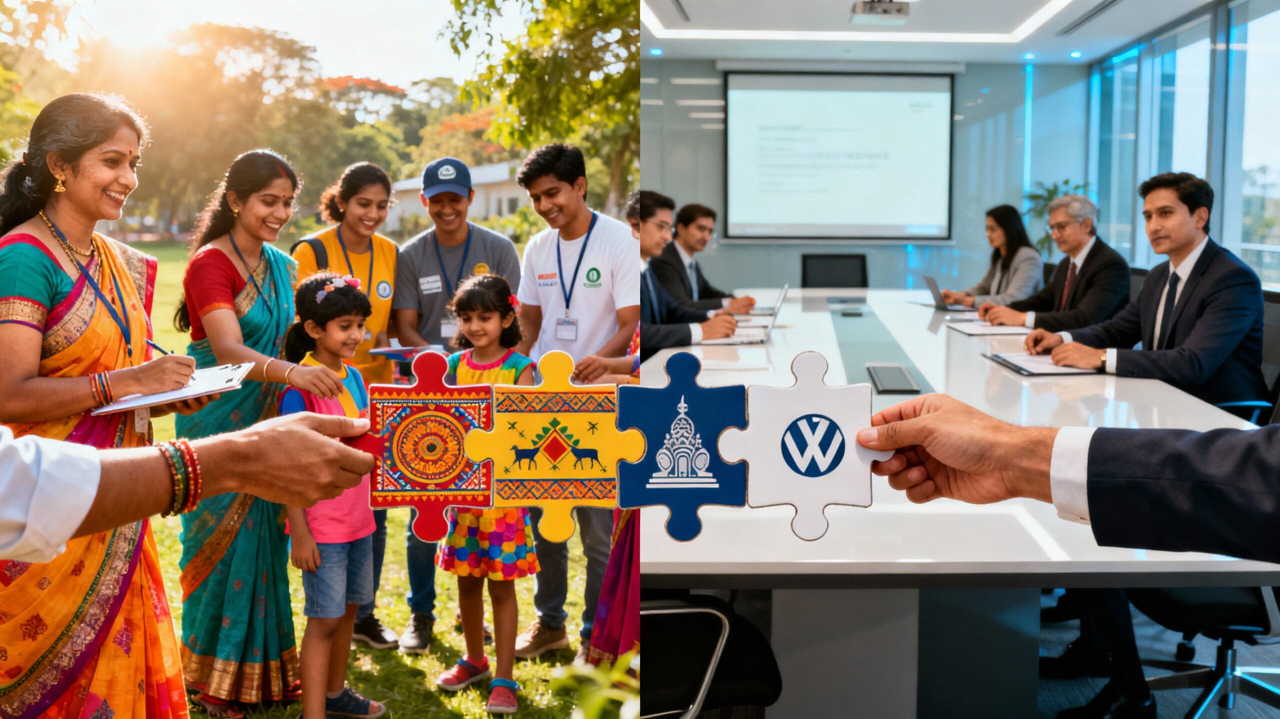 Community-based volunteers and corporate professionals connecting hands to bridge a gap, symbolizing collaboration for impactful CSR in India.