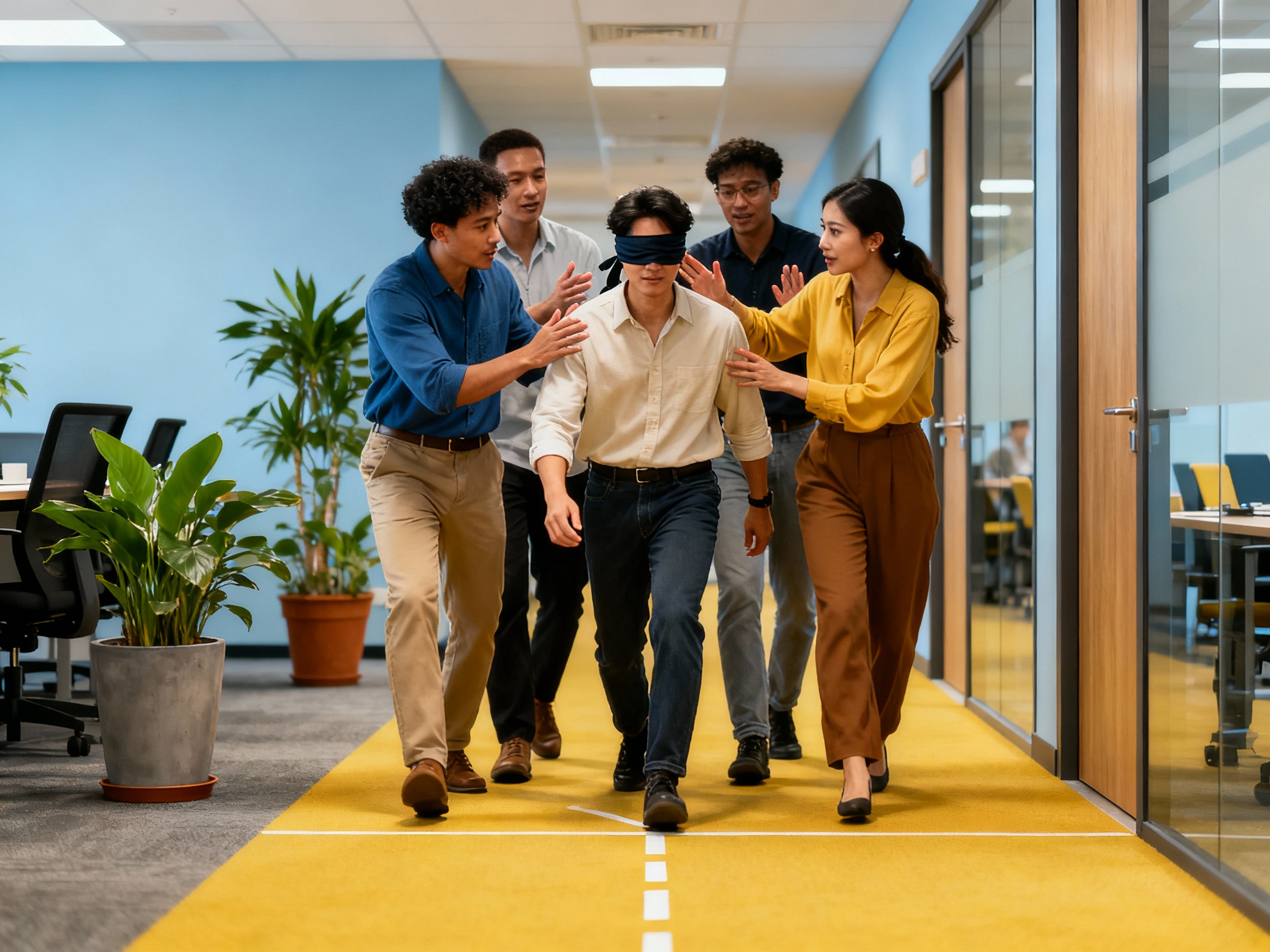 A team of diverse colleagues helping one another navigate a path while one member is blindfolded, symbolizing support and guidance through crisis."