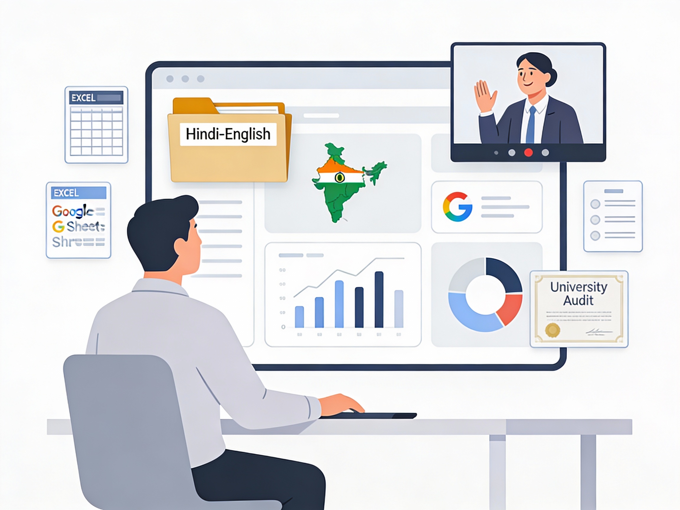 Alt text:NGO monitoring and evaluation staff sit at a desk reviewing a large screen with colourful dashboards and charts, while a corporate CSR representative appears on a video call screen nodding in approval, surrounded by icons representing spreadsheets, survey tools, and third-party validation documents, with subtle Indian visual elements in the workspace
