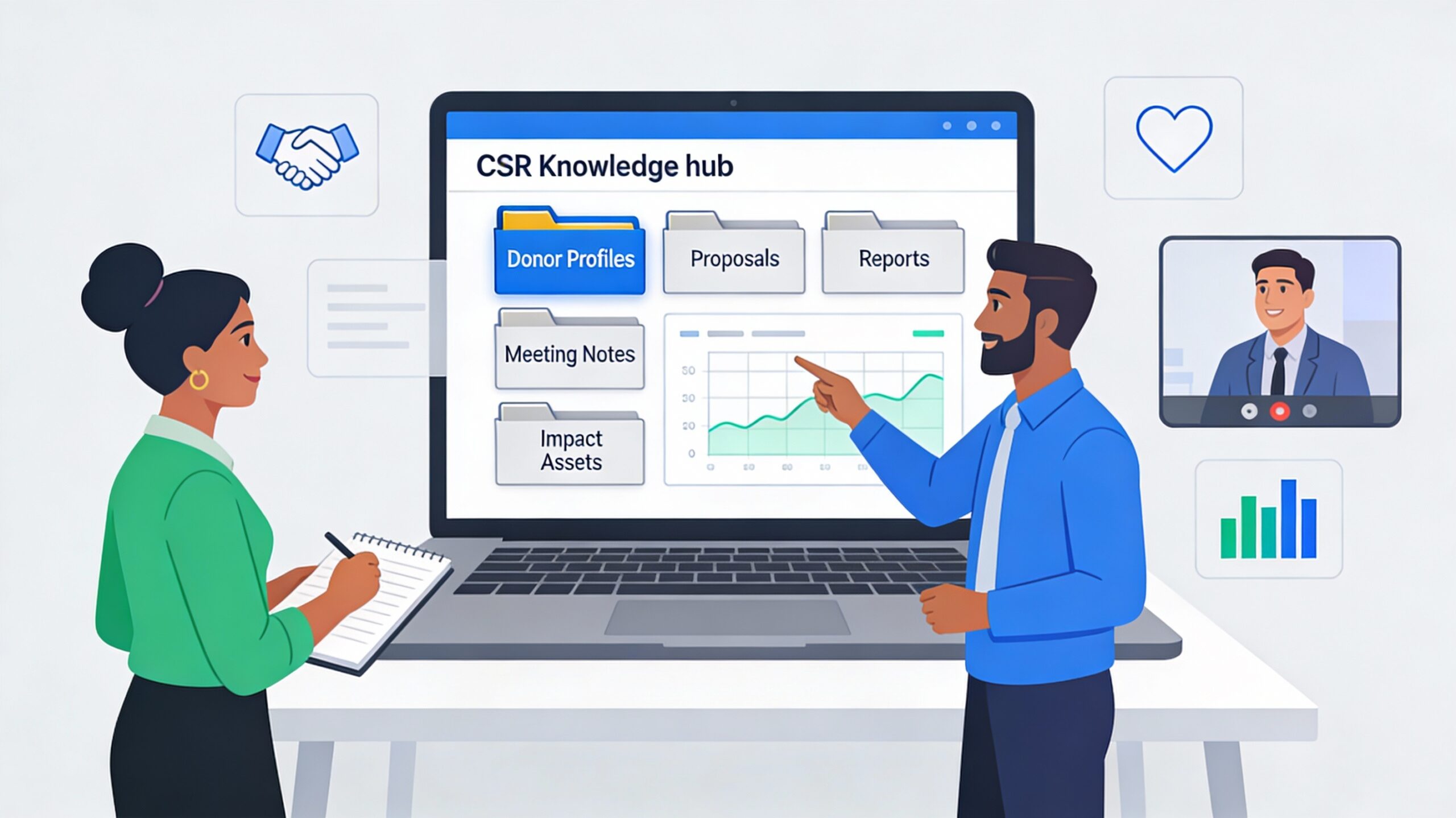 Illustration of Indian NGO professionals collaborating around a laptop showing a neatly organized CSR knowledge hub with folders for donor profiles, proposals, reports, meeting notes, and impact assets in a modern office setting