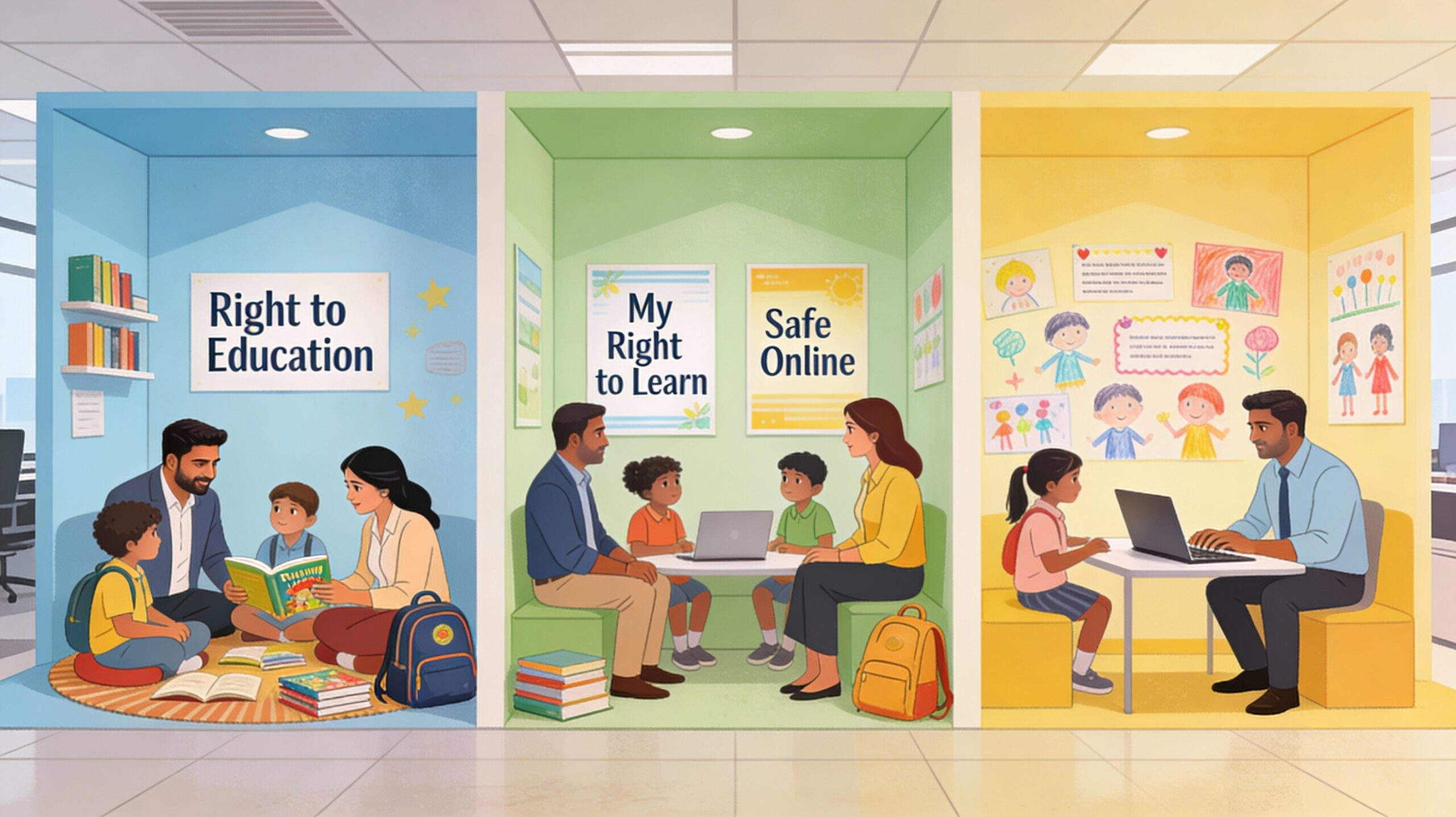 Corporate employees and children participating in child-rights–themed activities inside a modern office, including storytelling about the right to education, a digital safety session at a laptop, and a colorful wall of children’s drawings and pledges about their rights.