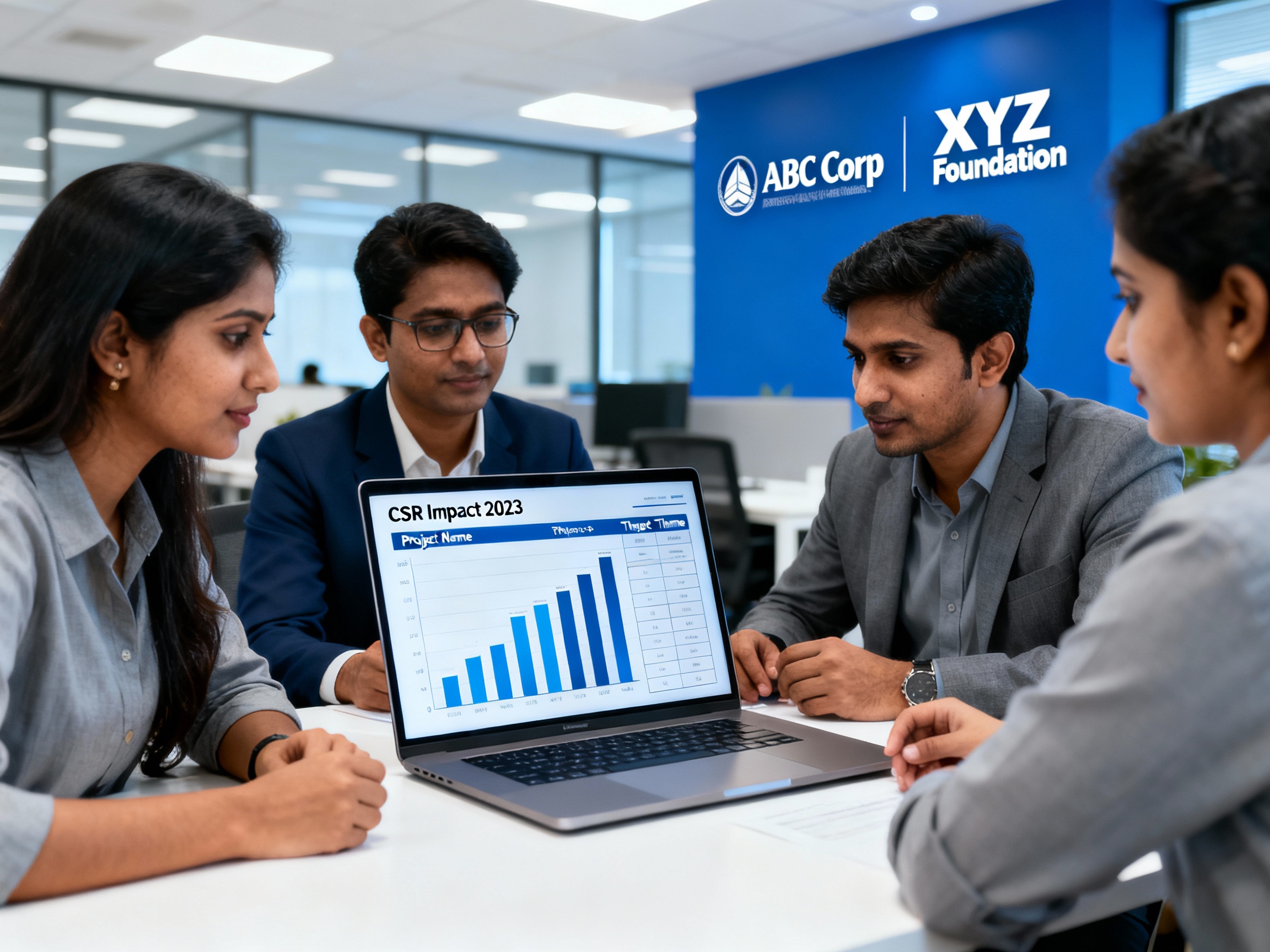 Indian NGO fundraising team analysing CSR intelligence sheets and project-to-theme matrix on a laptop to plan corporate funding outreach 