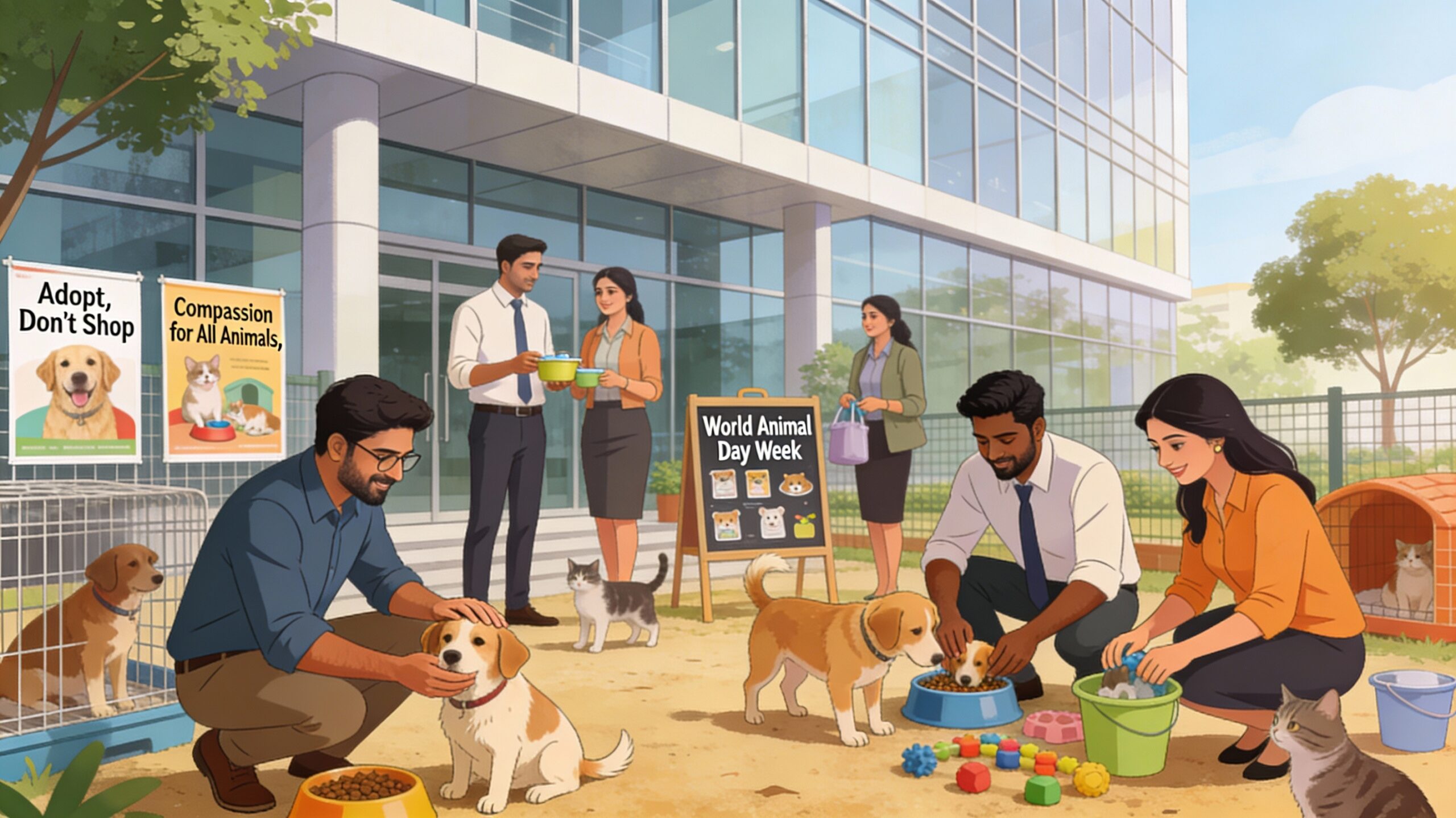 Corporate employees in business casual clothing interact kindly with rescued dogs and cats in a shelter-style area outside a modern glass office building, feeding, cleaning and playing with the animals near posters that say “Adopt, Don’t Shop” and “Compassion for All Animals,” alongside a small board announcing “World Animal Day Week” activities