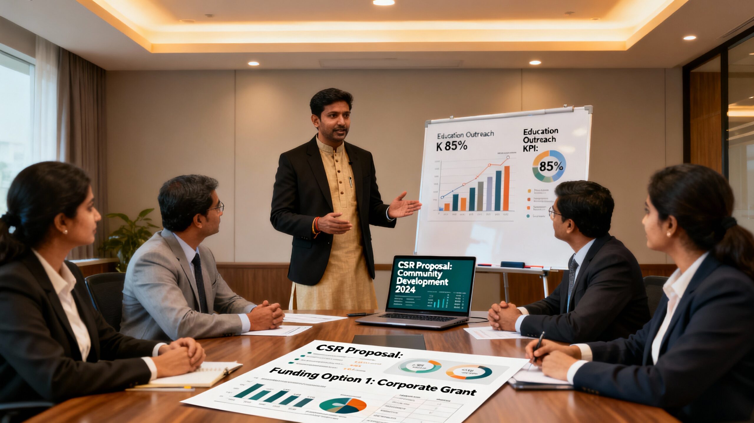 Indian NGO professional presenting a customised CSR proposal with impact charts, KPIs and tiered funding options to corporate leaders in a meeting room in India
