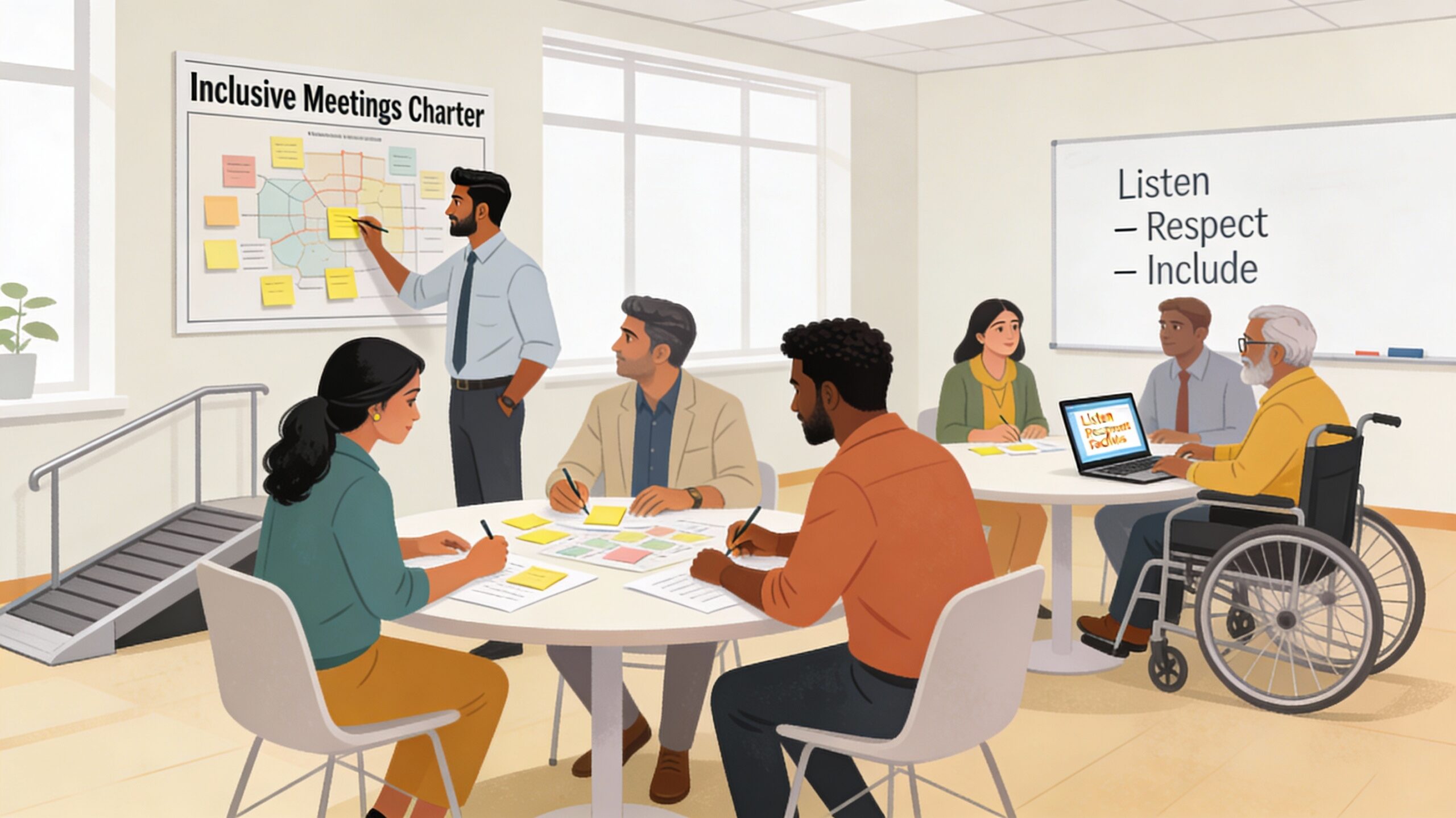bright, modern meeting room, collaborating on diversity and inclusion activities with identity maps, sticky notes and an “Inclusive Meetings Charter” poster on the wall, alongside visible inclusion cues like a ramp, varied ages and abilities, and a whiteboard that reads “Listen – Respect – Include.