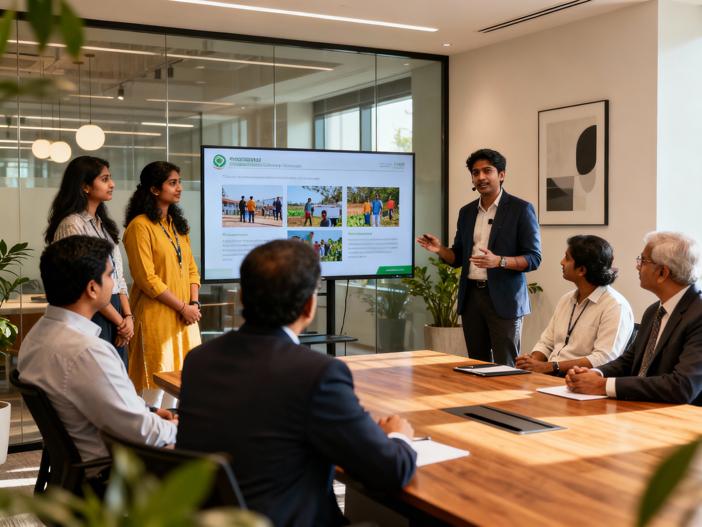 Indian NGO leaders presenting impact stories and data to corporate CSR professionals in a modern office meeting room, with charts and visuals displayed on a screen. 