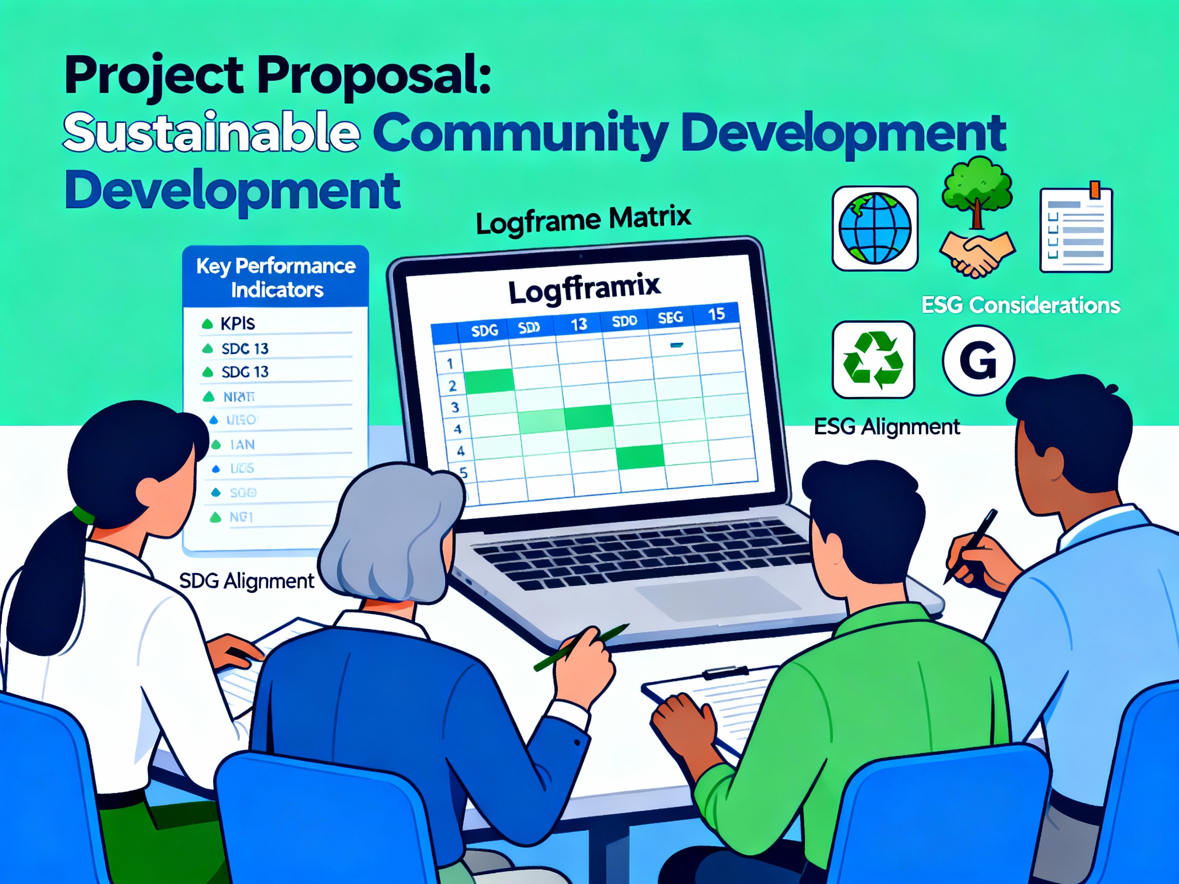 NGO team collaborating at a desk to write an outcome-based project proposal, with a logframe, KPI charts, and SDG/ESG icons displayed around them to show impact-focused planning