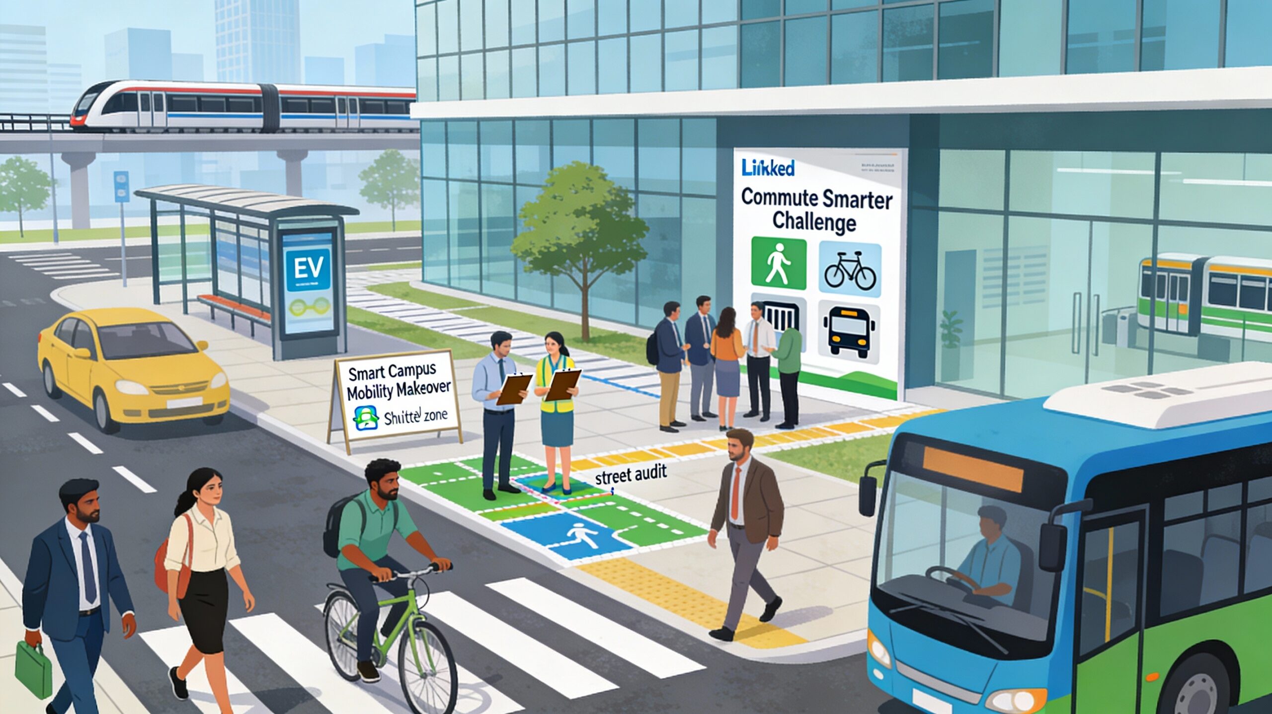 Diverse Indian employees in business-casual clothing arrive at a modern corporate campus using sustainable modes of transport—walking, cycling, bus, metro and carpool—while some conduct a street audit of footpaths and crossings with clipboards, and others stand near a “Commute Smarter Challenge” poster, with a nearby “Smart Campus Mobility Makeover” board showing icons for EV parking, carpool zones and shuttle routes against a city backdrop with a metro line and bus stop