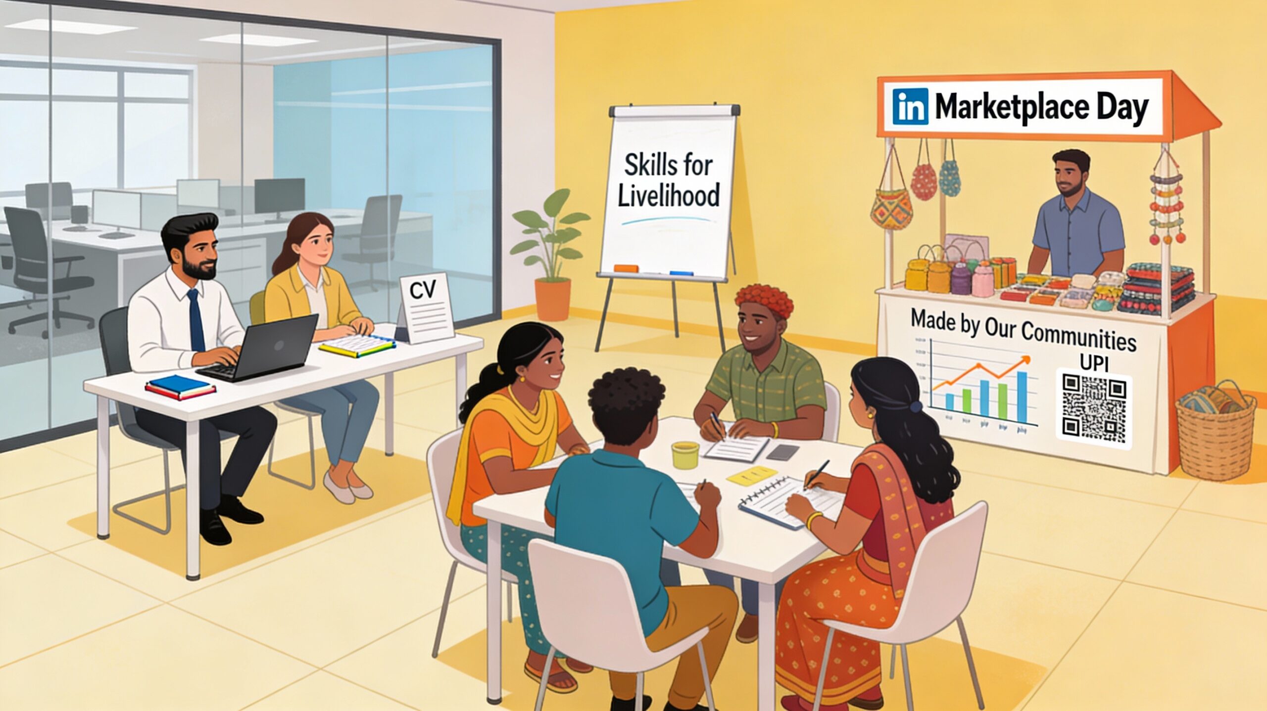 Corporate employees in business-casual attire sit with youth and women from low-income communities inside a modern training centre, conducting CV writing and interview practice, mentoring micro-entrepreneurs on pricing and bookkeeping, and visiting a small “Made by Our Communities” stall displaying handmade products, with laptops, notepads, UPI QR codes and a flipchart titled “Skills for Livelihood” visible in the room